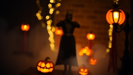 Canvas Print - Spooky Halloween scene with pumpkins, lights, and a figure.