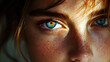 © Daniel - Close-up portrait of a woman with bright blue eyes and freckles in natural light