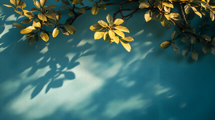 Wall Mural - Green Leaves Cast Shadow on Teal Wall