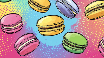 Pop art concept colorful macaroons cake. Colorful background in pop art retro comic style.