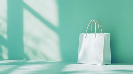 Wall Mural - White Paper Bag with Rope Handles on a Green Background