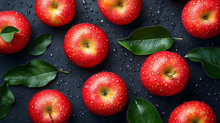 Wall Mural - Fresh Red Apples with Green Leaves on Black Background