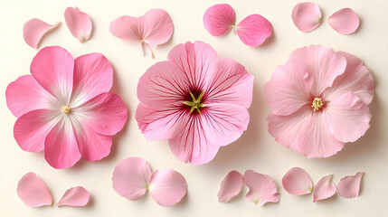 Wall Mural - Pink Flowers and Petals on White Background