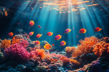 Underwater with colorful sea life fishes and plant at seabed background, Colorful Coral reef landscape in the deep of ocean. Marine life concept, Underwater world scene