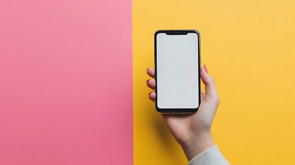 Wall Mural - Hand Holding Smartphone with Blank Screen on Yellow and Pink Background