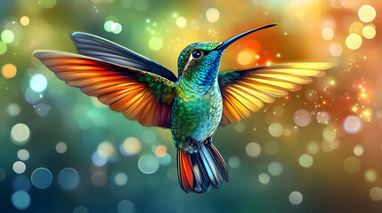 Wall Mural - colorful hummingbird with spread wings on bokeh background