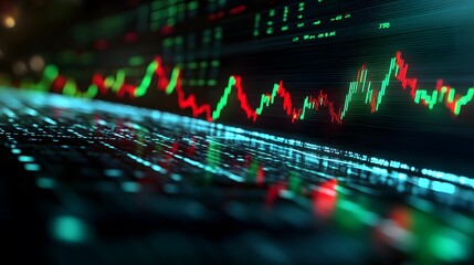 Wall Mural - Stock Market Volatility: A fluctuating line graph with green and red arrows, symbolizing unpredictable stock market behavior.