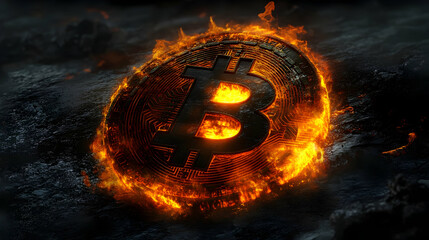 A bitcoin coin engulfed in flames on a dark, textured surface.