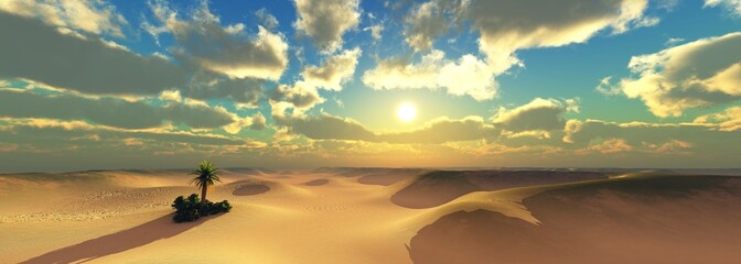 Wall Mural - Oasis at sunset in a sandy desert, a panorama of the desert with palm trees,
3d rendering
