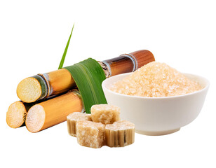 brown sugar on a wooden bowl and sugar cane on a transparent background