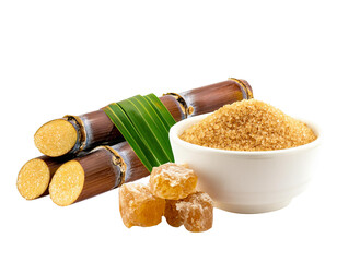 brown sugar on a wooden bowl and sugar cane on a transparent background