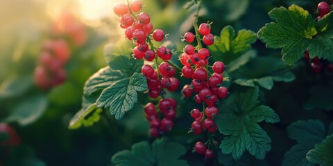 Canvas Print - A close up of a bunch of red berries on a leaf. The berries are small and clustered together. The leaf is green and has a few other leaves on it