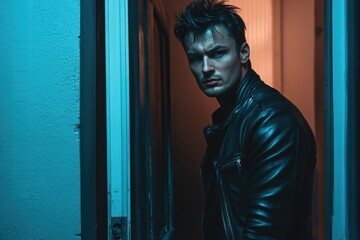 Sticker - A man in a black leather jacket stands in front of a white door. The image has a moody and mysterious feel to it, as the man's expression and the dark surroundings create a sense of intrigue