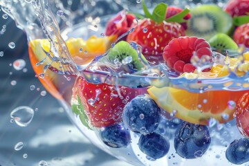 Canvas Print - A bowl of fruit with water splashing out of it. The fruit includes strawberries, blueberries, and oranges