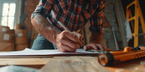 Sticker - A man is writing on a piece of paper with a pen. He is wearing a plaid shirt and has a beard. Concept of focus and concentration as the man writes