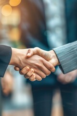 Poster - Two people shaking hands in a business setting. Concept of professionalism and trust between the two individuals