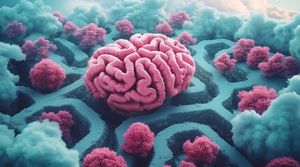 Wall Mural - A pink brain is in the middle of a forest