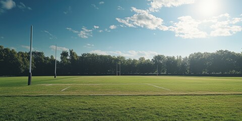 Wall Mural - A large field with a few trees in the background. The sky is blue and the sun is shining