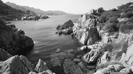 Poster - A rocky shoreline with a body of water in the background. The water is calm and the rocks are jagged. The scene is peaceful and serene