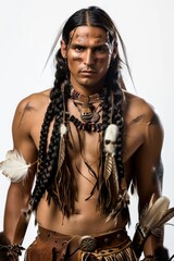 Poster - A man with long braided hair and feathers on his chest stands in front of a white background