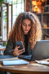 Wall Mural - A woman with curly hair is sitting at a table with a laptop and a cell phone. She is looking at her cell phone while using her laptop