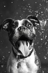 Wall Mural - A black and white photo of a dog with a tongue sticking out. The dog appears to be happy and playful