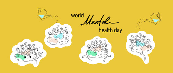 Vector world mental health day poster doodle hand drawn  illustration. Mental Health care concept. Poster, Banner, Flyer, Template. Mental health day awareness. Mental illness is a health problem