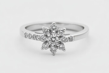 Wall Mural - A delicate silver ring featuring a floral design adorned with sparkling diamonds.