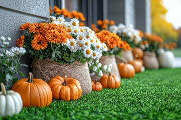 Sticker - For Thanksgiving or Halloween, the house entrance is decorated with pumpkins for the traditional autumn holidays.