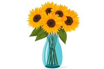 Wall Mural - Colorful Vector Illustration of Fresh Sunflowers in Blue Glass Vase on White Background in Flat Design Style