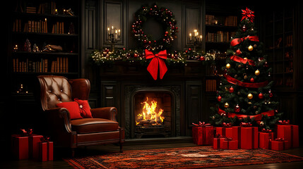 Poster - A Christmas living room with a fireplace, decorated tree, and armchair.