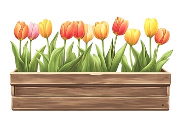 Wall Mural - Vibrant Tulips Sprouting from Antique Wooden Box on White Background - Flat Design Vector Art with Simple Colorful Style