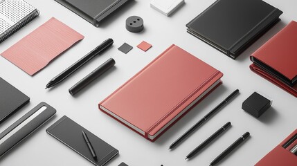 A flat lay of stationery essentials including red notebook, pens, and paper, creating an organized and stylish workspace.