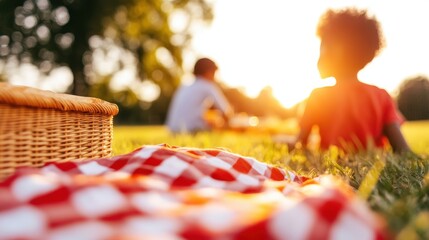 Sunny Summer Picnic with Basket and Red Checkered Blanket in Park