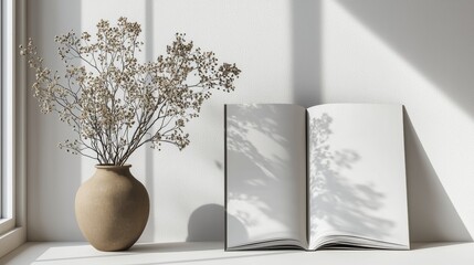 Wall Mural - A serene arrangement featuring vase with dried flowers beside an open book, casting soft shadows on minimalist surface.