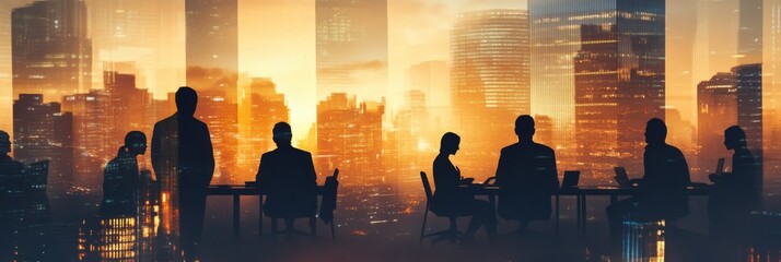 Poster - The theme revolves around silhouettes of individuals engaged in a business meeting, set against the breathtaking backdrop of a vibrant cityscape during sunset, capturing the essence of collaboration