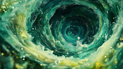 A close-up of a swirling green wave with a dark center.