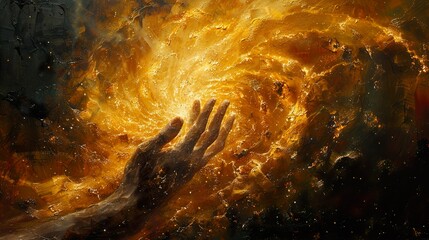 Wall Mural - A hand reaches out from the darkness towards a swirling vortex of golden light in a cosmic space.