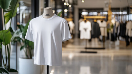 A plain t-shirt mockup displayed on a mannequin surrounded by stylish store decor, with racks of clothing in the background, creating a fashionable retail atmosphere.