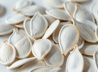 Wall Mural - Close up of white pumpkin seeds scattered on a light background