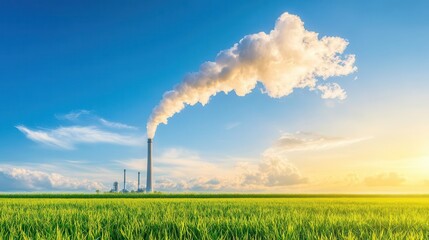 Industrial factory with smokestacks emitting smoke, surrounded by green field under blue sky and clouds, symbolizing pollution and environment.