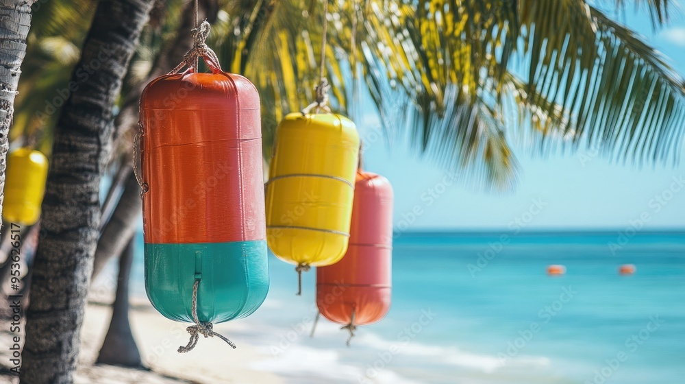 Brightly colored rescue tubes suspended from palm trees on the beach ...