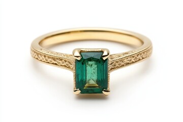 Wall Mural - A gold ring featuring an emerald-cut green gemstone, showcasing elegant design and craftsmanship.