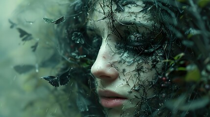 Woman's face obscured by vines and butterflies in a misty forest.