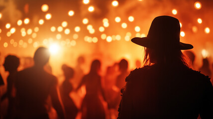 A scene of a spooky Halloween party with people in costumes, eerie decorations, and dim lighting creating a haunting atmosphere.