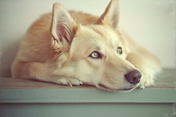 Sticker - A Close-Up of a Blonde Dog's Face Resting on a Green Wooden Surface