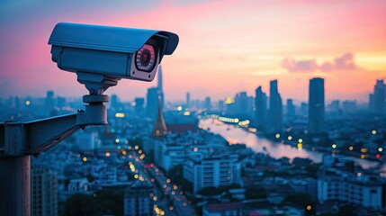 Wall Mural - CCTV surveillance camera installed on the roof of a residential building, with a city view in the background. Demonstrates its use in residential security systems.