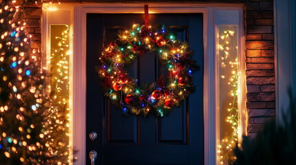 Wall Mural - Festive holiday wreath adorned with colorful lights and ornaments on a welcoming front door during the evening of winter celebrations