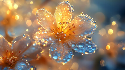 Canvas Print - A delicate white flower covered in sparkling dew drops, illuminated by warm golden light, with a bokeh background.