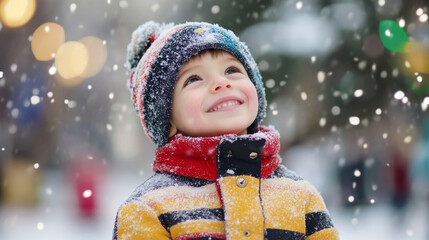 A cheerful child in a colorful jacket enjoys snowfall while looking up at the falling snowflakes during a winter day in the park